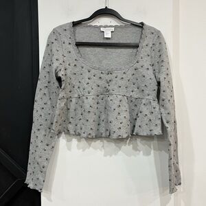 NWT Kirious Gray Floral Cropped Longsleeve Babydoll Top Size Large Cottage Boho